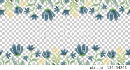 Seamless border with hand-drawn watercolor green branches, leaves, and blue flowers. Spring and summer collection of colorful plants in a simple style. 136434268