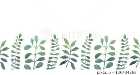 Seamless border with hand-drawn watercolor green branches and leaves. Spring and summer collection of colorful plants in a simple style. Seamless border with hand-drawn watercolor green branches and leaves. Spring and summer collection of colorful plants in a simple style. 136434269
