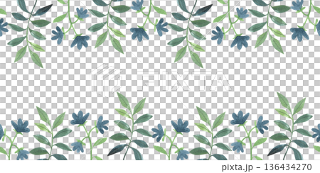Seamless border with hand-drawn watercolor green branches, leaves, and flowers. Spring and summer collection of colorful plants in a simple style. 136434270