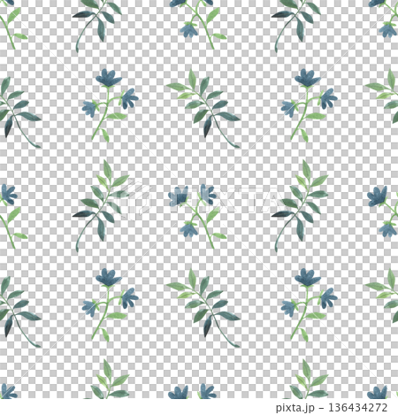 Seamless pattern with hand drawn watercolor illustrations of blue flowers and leaves. Spring, summer collection of colorful plants in a simple style. Seamless pattern with hand drawn watercolor illustrations of blue flowers and leaves. Spring, summer collection of colorful plants in a simple style. 136434272