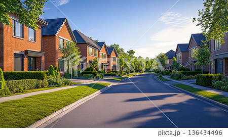 A residential area with brick houses, a clean street, and greenery under bright daylight. The city's idyll, comfort, and coziness.	 136434496
