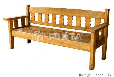 Wooden bench with a straight back and armrests stands on a white background. The design features wide slats and a natural finish. This bench is suitable for gardens, patios, or living rooms Wooden bench with a straight back and armrests stands on a white background. The design features wide slats and a natural finish. This bench is suitable for gardens, patios, or living rooms 136434815