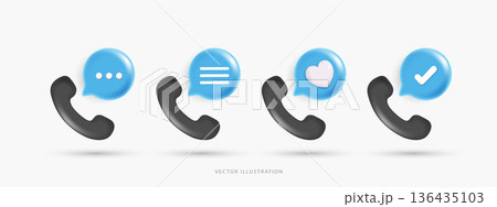 3D Vector Phone Call Icon Set with Notification Speech Bubbles, Telephone Handset with Chat Heart and Checkmark Symbols for Customer Support, Contact Us and Communication UI UX Design. 136435103