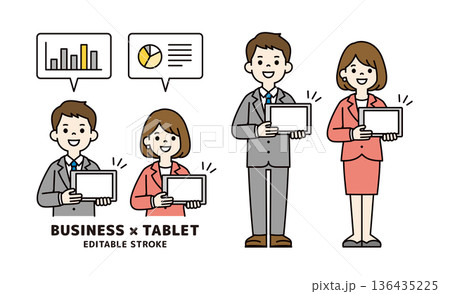 タブレットの画面を見せて接客する若いビジネスパーソンの上半身・全身ベクターイラスト素材セット タブレットの画面を見せて接客する若いビジネスパーソンの上半身・全身ベクターイラスト素材セット 136435225