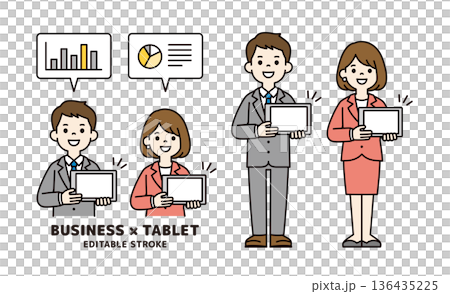 タブレットの画面を見せて接客する若いビジネスパーソンの上半身・全身ベクターイラスト素材セット タブレットの画面を見せて接客する若いビジネスパーソンの上半身・全身ベクターイラスト素材セット 136435225