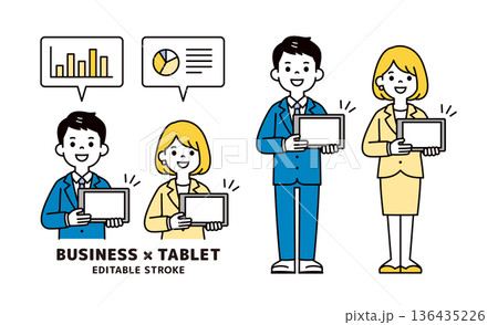 タブレットのデータを見せてプレゼンする男女の会社員の上半身・全身ベクターイラスト素材セット 136435226