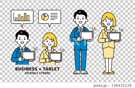 タブレットのデータを見せてプレゼンする男女の会社員の上半身・全身ベクターイラスト素材セット 136435226