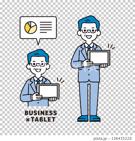 Vector illustration material set of presidents, managers and businessmen negotiating business by showing data on a tablet 136435228