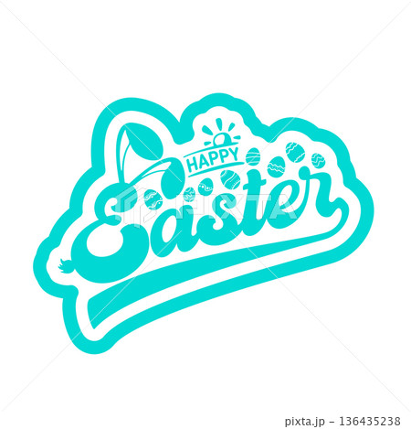 Happy Easter turquoise hand lettering typography with bunny ears and eggs, festive holiday calligraphy isolated on white background. Aesthetic Easter typography with rabbit ears sticker logo 136435238