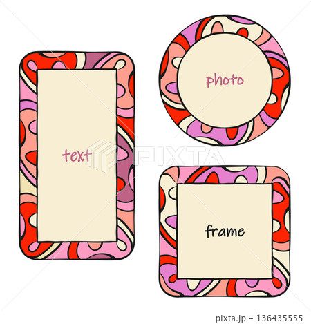 Whimsical frames set, minimalist coquette ornamental border line art. Hand drawn doodle style design, ink brush wavy line contour. Pink red purple multicolour palette 136435555