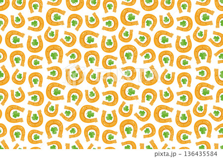 A festive seamless pattern with golden horseshoes and green clovers, a symbol of good luck in the traditional Irish holiday. Print for St. Patrick's Day designs. Luck and Irish holiday theme. A festive seamless pattern with golden horseshoes and green clovers, a symbol of good luck in the traditional Irish holiday. Print for St. Patrick's Day designs. Luck and Irish holiday theme. 136435584