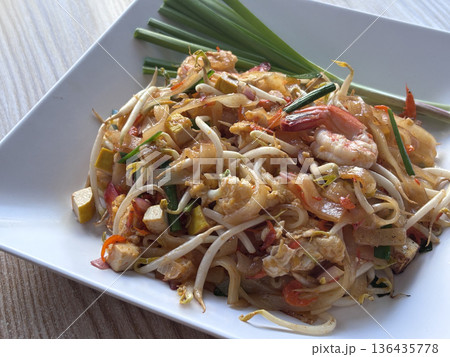 Pad Thai, the classic Thai stir-fried noodle dish. 136435778