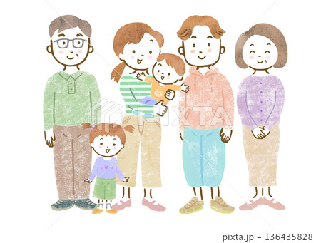 三世代家族のイラスト/赤ちゃんを抱っこするママとパパとお姉ちゃん、祖父母 136435828