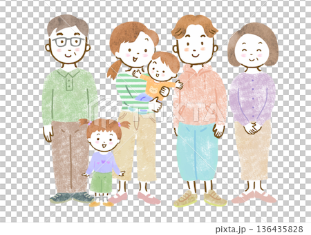 三世代家族のイラスト/赤ちゃんを抱っこするママとパパとお姉ちゃん、祖父母 136435828