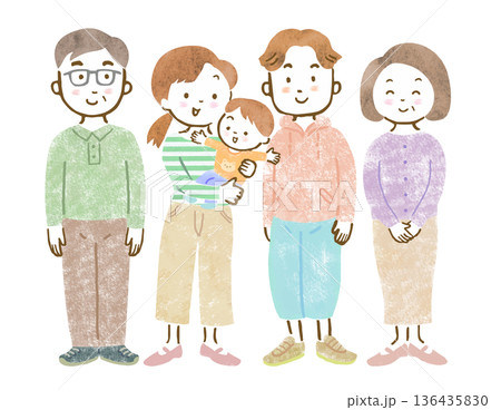 三世代家族のイラスト/赤ちゃんを抱っこするママとパパと祖父母 三世代家族のイラスト/赤ちゃんを抱っこするママとパパと祖父母 136435830