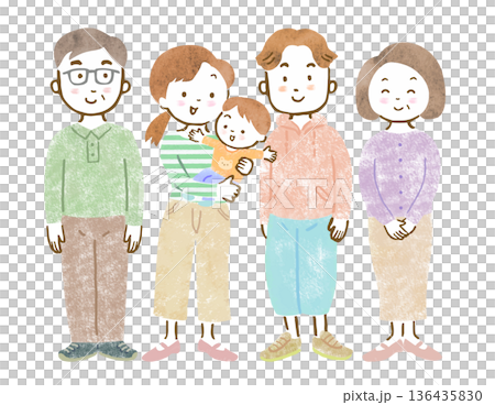三世代家族のイラスト/赤ちゃんを抱っこするママとパパと祖父母 三世代家族のイラスト/赤ちゃんを抱っこするママとパパと祖父母 136435830