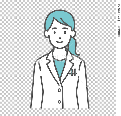 笑顔の女性医師・薬剤師のイラスト(白衣・正面) 笑顔の女性医師・薬剤師のイラスト(白衣・正面) 136436078