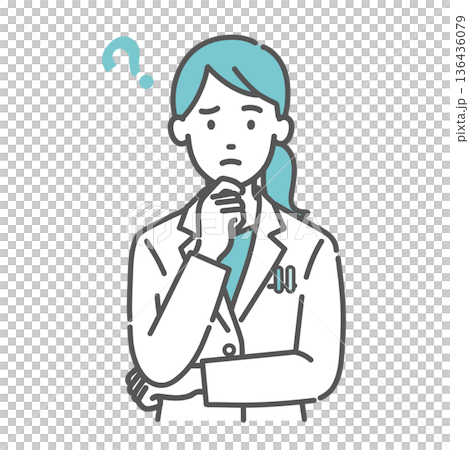 Illustration of a female doctor/pharmacist with questions (troubled face/question mark) Illustration of a female doctor/pharmacist with questions (troubled face/question mark) 136436079