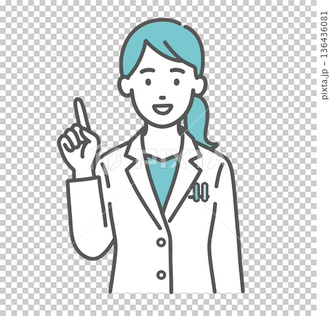 圖解:一位女醫師/藥師舉起食指進行解說(指向/引起注意) 圖解:一位女醫師/藥師舉起食指進行解說(指向/引起注意) 136436081