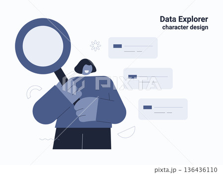 Data explorer character with woman holding magnifying glass searching and analyzing data information. Flat design vector illustration for research, investigation and analytics concepts. 136436110
