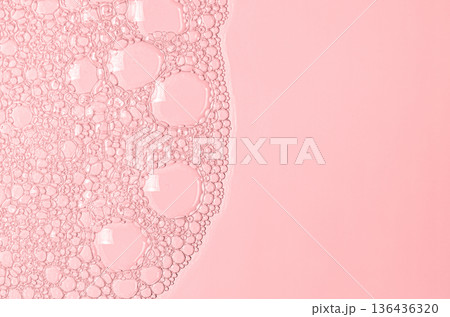 The texture of the foam of shower gel or soap suds or shaving foam. Macrophotography. Copy space 136436320