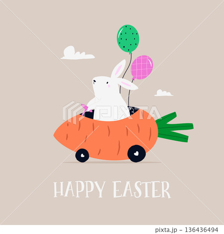 Easter Rabbit Driving a Carrot Car with Colorful Balloons. Holiday Greeting Card Design with Playful Animal Character Easter Rabbit Driving a Carrot Car with Colorful Balloons. Holiday Greeting Card Design with Playful Animal Character 136436494