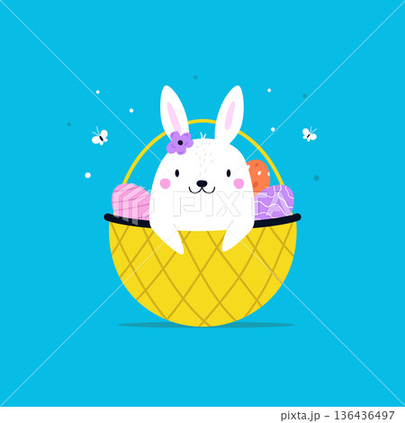 Easter Cartoon Bunny Peeking from Basket with Patterned Eggs. Easter Cartoon Bunny Peeking from Basket with Patterned Eggs. 136436497