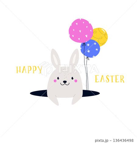 Easter Cartoon Bunny Peeking from a Hole with Colorful Balloons. Happy Easter Greeting Card Easter Cartoon Bunny Peeking from a Hole with Colorful Balloons. Happy Easter Greeting Card 136436498