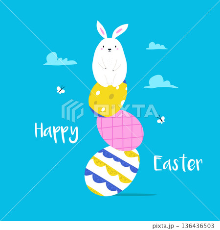 Easter Cartoon Bunny Sitting on a Stack of Patterned Egg. Sweet Cartoon Art for Spring Celebration and Children's Print. 136436503