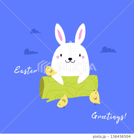 Easter Cartoon Bunny Peeking Over a Green Log with Tiny Yellow Chick. Sweet Cartoon Art for Spring Celebration Easter Cartoon Bunny Peeking Over a Green Log with Tiny Yellow Chick. Sweet Cartoon Art for Spring Celebration 136436504