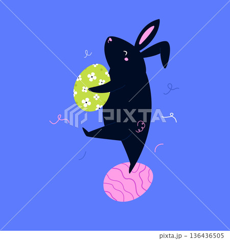 Easter Cartoon Black Bunny Balancing on a Pink Egg. Rabbit Silhouette Character Performing a Holiday Dance. Easter Cartoon Black Bunny Balancing on a Pink Egg. Rabbit Silhouette Character Performing a Holiday Dance. 136436505
