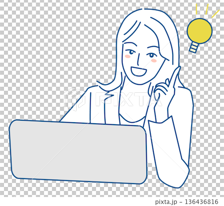 A line drawing of a woman in a suit with an expression of inspiration while working on a computer A line drawing of a woman in a suit with an expression of inspiration while working on a computer 136436816
