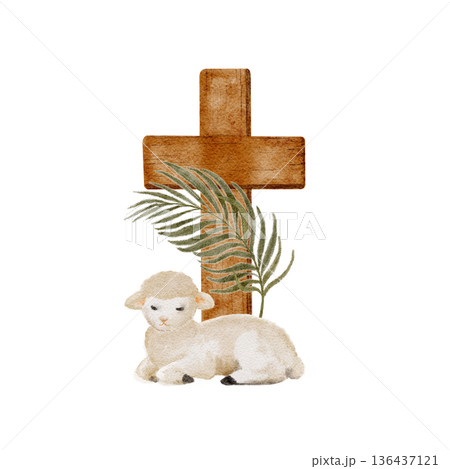 Lamb resting near wooden cross watercolor illustration on white background, Christian Easter clip art for church materials, religious prints, faith-based design, and worship visuals.Soft natural tones 136437121