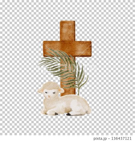 Lamb resting near wooden cross watercolor illustration on white background, Christian Easter clip art for church materials, religious prints, faith-based design, and worship visuals.Soft natural tones 136437121