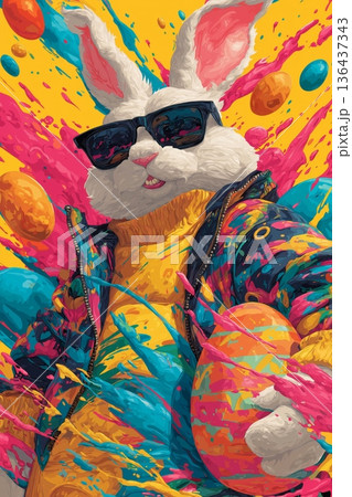 Cool Easter bunny wearing sunglasses holding decorated egg. Easter poster. Anthropomorphic bunny wearing colorful jacket, surrounded by paint splatters and festive eggs Cool Easter bunny wearing sunglasses holding decorated egg. Easter poster. Anthropomorphic bunny wearing colorful jacket, surrounded by paint splatters and festive eggs 136437343