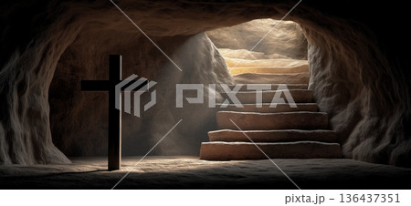 Cross on stairs leading from dark cave into light.  Easter poster. Stone cross standing on steps inside a dark cave opening with bright light 136437351