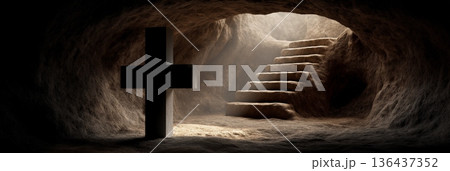 Cross on stairs leading from dark cave into light. Easter poster. Stone cross standing on steps inside a dark cave opening with bright light Cross on stairs leading from dark cave into light. Easter poster. Stone cross standing on steps inside a dark cave opening with bright light 136437352