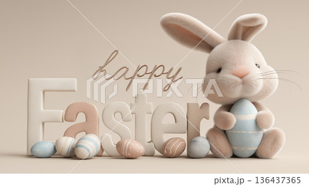 Cute bunny holding decorated Easter egg with Happy Easter message. Adorable fluffy rabbit holding an Easter egg next to 3D Happy Easter text greeting card 136437365