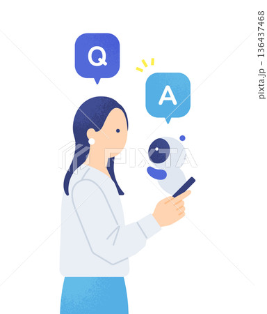 AIに聞いて答えを得る女性。スマホから飛び出しQ&Aに答えるAIアシスタントのイラスト素材。 136437468
