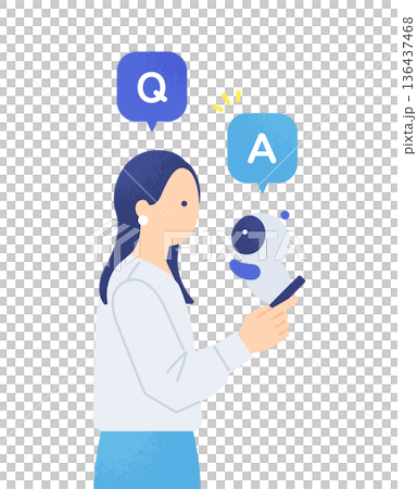 AIに聞いて答えを得る女性。スマホから飛び出しQ&Aに答えるAIアシスタントのイラスト素材。 136437468