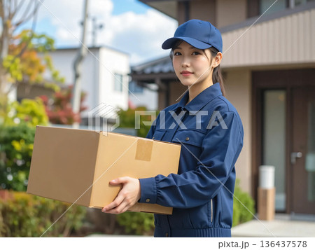 荷物を運ぶ笑顔の女性ドライバー 136437578