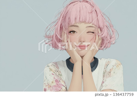 絵美シリーズ：サイバーパステル世界でウインクする少女 絵美シリーズ 近未来アイキャッチビジュアル 136437759