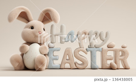 Cute bunny holding decorated Easter egg with Happy Easter message. Adorable fluffy rabbit holding an Easter egg next to 3D Happy Easter text greeting card Cute bunny holding decorated Easter egg with Happy Easter message. Adorable fluffy rabbit holding an Easter egg next to 3D Happy Easter text greeting card 136438005