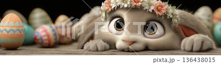 Cute cartoon rabbit holding colorful Easter egg. Cartoon rabbit wearing a flower wreath and smiling, celebrating Easter with a decorated egg 136438015