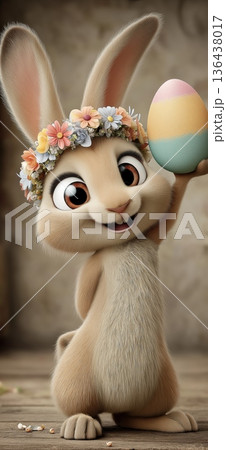 Cute cartoon rabbit holding colorful Easter egg. Cartoon rabbit wearing a flower wreath and smiling, celebrating Easter with a decorated egg 136438017