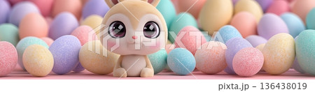 Cute Easter bunny surrounded by pastel eggs wallpaper. Cute kawaii bunny sitting among colorful frosted Easter eggs with big eyes Cute Easter bunny surrounded by pastel eggs wallpaper. Cute kawaii bunny sitting among colorful frosted Easter eggs with big eyes 136438019