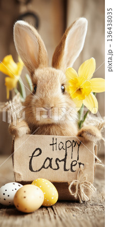 Cute rabbit holding a Happy Easter sign with flowers. Easter greeting card. Young rabbit sitting among yellow flowers with an Easter greeting sign 136438035