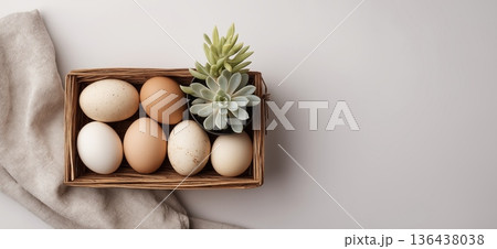 Easter basket with natural eggs and pussy willow. Easter background. Wicker basket holding natural eggs and pussy willow on a neutral background with copy space Easter basket with natural eggs and pussy willow. Easter background. Wicker basket holding natural eggs and pussy willow on a neutral background with copy space 136438038