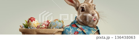 Easter bunny wearing Hawaiian shirt holding eggs basket. Easter wallpaper. Easter bunny wearing colorful Hawaiian shirt holding a basket of patterned Easter eggs Easter bunny wearing Hawaiian shirt holding eggs basket. Easter wallpaper. Easter bunny wearing colorful Hawaiian shirt holding a basket of patterned Easter eggs 136438063