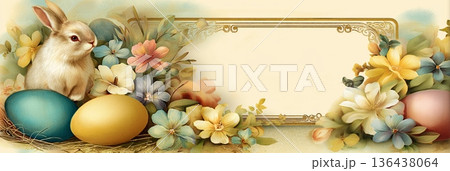 Easter bunny with decorated eggs and spring flowers frame. Easter bunny standing among detailed decorated eggs and spring flowers, with empty text space Easter bunny with decorated eggs and spring flowers frame. Easter bunny standing among detailed decorated eggs and spring flowers, with empty text space 136438064